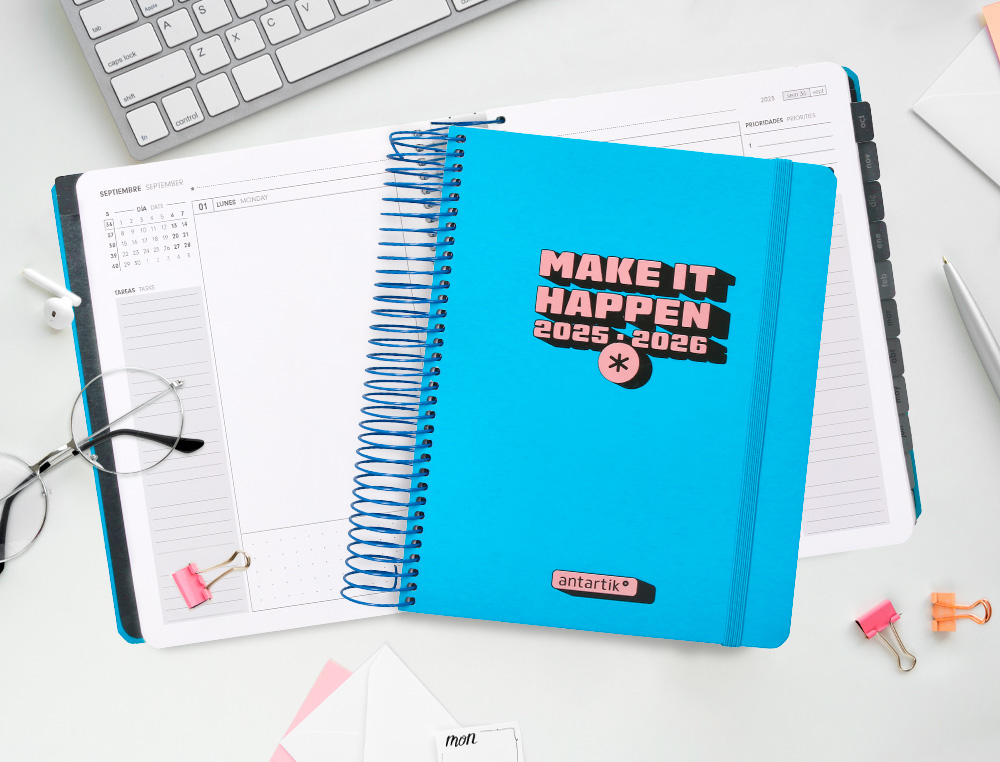AGENDA ESCOLAR ANTARTIK 25-26 ESPIRAL NEON AZUL DIA PAGINA A5 BILINGE PAPEL FSC 80 GR