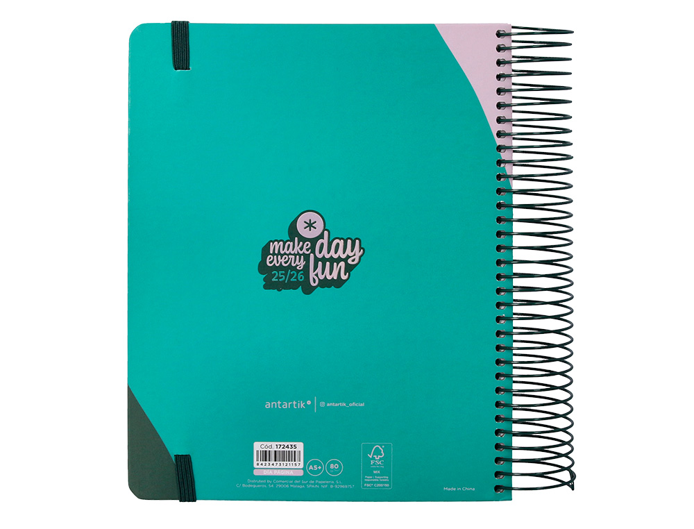 AGENDA ESCOLAR ANTARTIK 25-26 ESPIRAL FUN DAY TURQUESA DIA PAGINA A5 BILINGE PAPEL FSC 80 GR