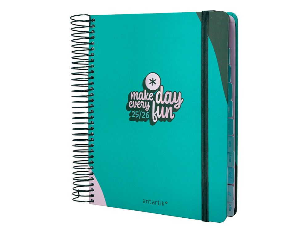 AGENDA ESCOLAR ANTARTIK 25-26 ESPIRAL FUN DAY TURQUESA DIA PAGINA A5 BILINGE PAPEL FSC 80 GR