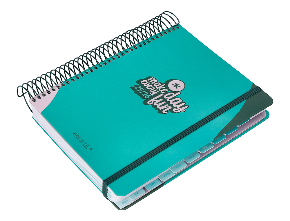 AGENDA ESCOLAR ANTARTIK 25-26 ESPIRAL FUN DAY TURQUESA DIA PAGINA A5 BILINGE PAPEL FSC 80 GR