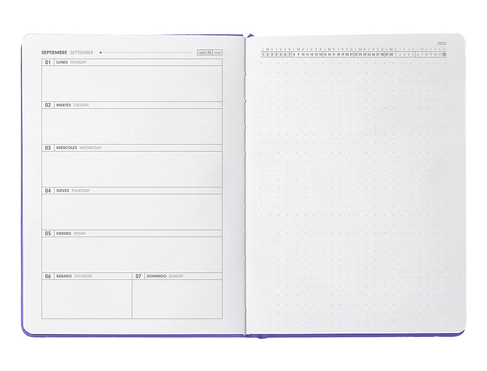 AGENDA ESCOLAR ANTARTIK 25-26 ENCUADERNADA GO! SIMIL PIEL MORADO SEMANA VISTA A5 BILINGE PAPEL FSC 80 GR
