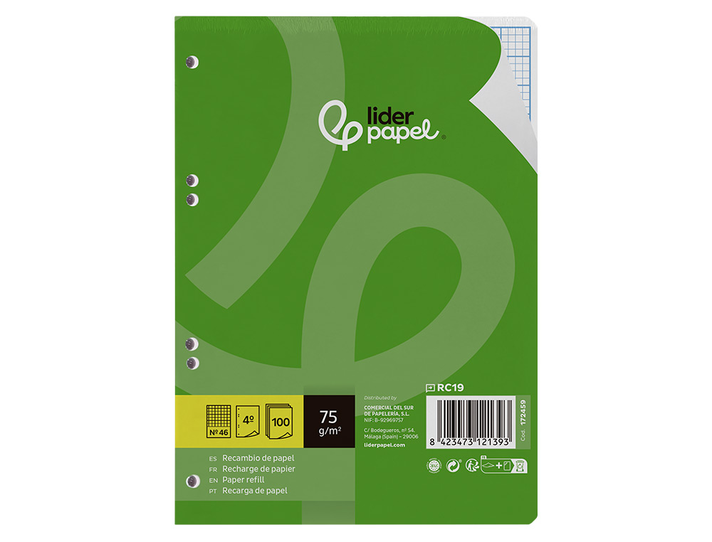 RECAMBIO LIDERPAPEL DIN A5 100 HOJAS 75G/M2 RAYADO N 46 6 TALADROS