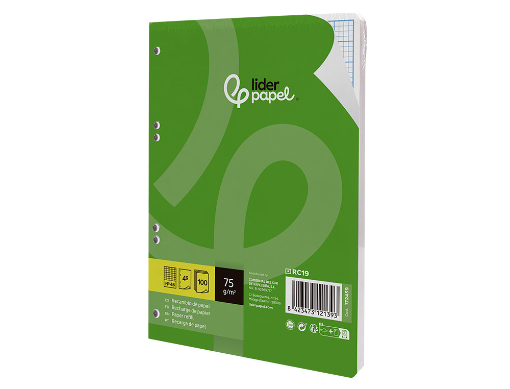 RECAMBIO LIDERPAPEL DIN A5 100 HOJAS 75G/M2 RAYADO N 46 6 TALADROS