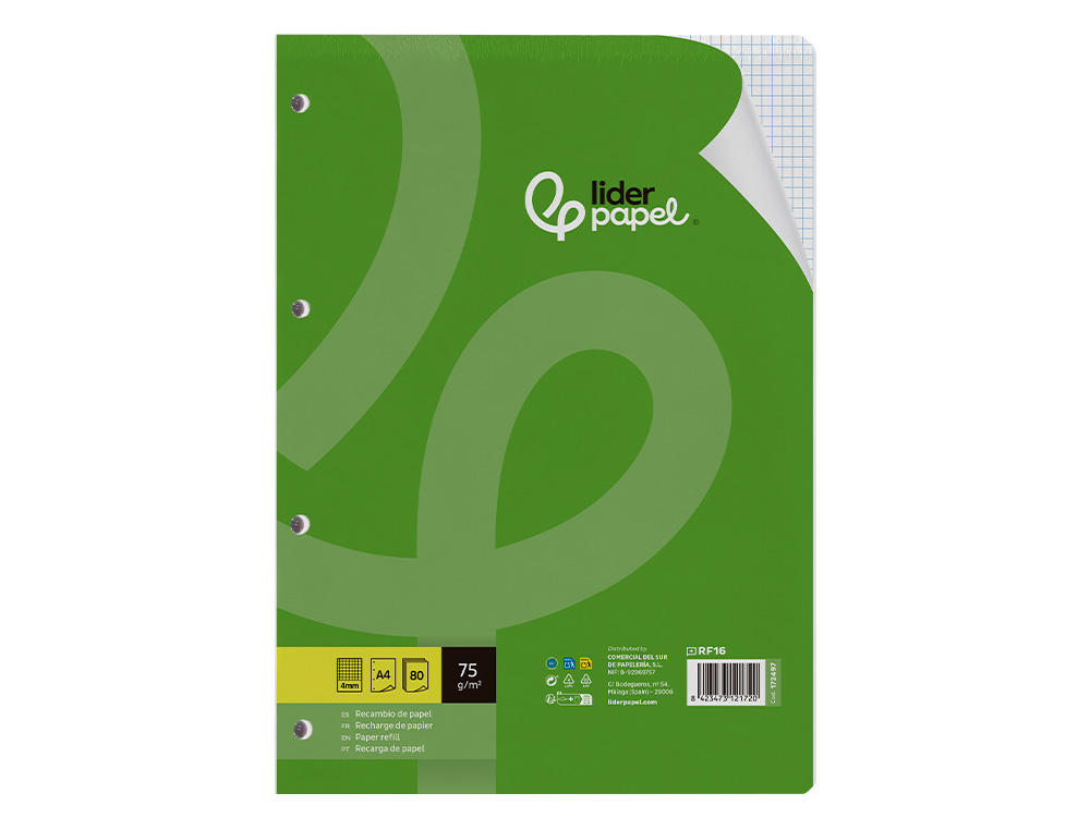 RECAMBIO LIDERPAPEL A4 80 HOJAS 75GR CUADRO 4 MM CON MARGEN 4 TALADROS