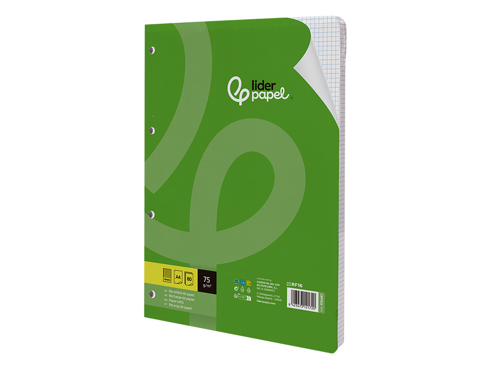 RECAMBIO LIDERPAPEL A4 80 HOJAS 75GR CUADRO 4 MM CON MARGEN 4 TALADROS