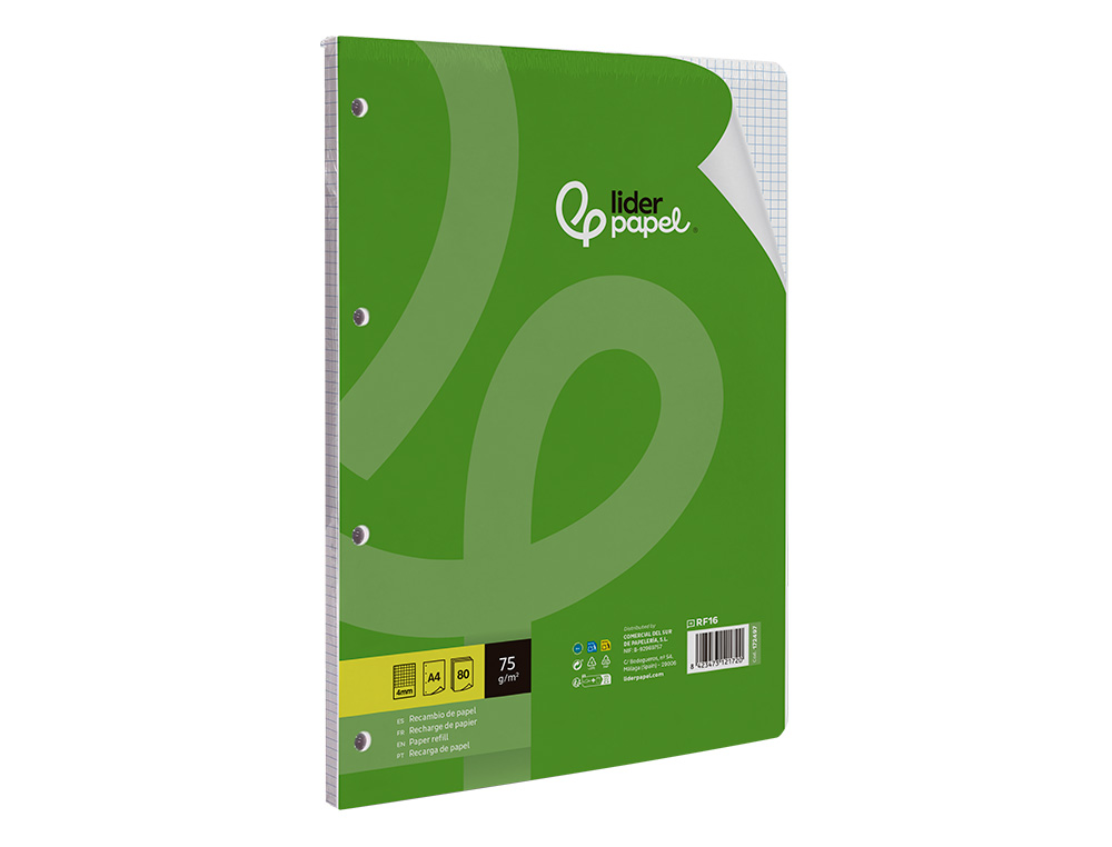 RECAMBIO LIDERPAPEL A4 80 HOJAS 75GR CUADRO 4 MM CON MARGEN 4 TALADROS