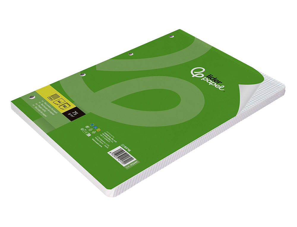 RECAMBIO LIDERPAPEL A4 80 HOJAS 75GR CUADRO 4 MM CON MARGEN 4 TALADROS