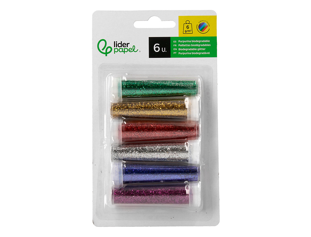 PURPURINA LIDERPAPEL BIODEGRADABLE FANTASIA BOTE DE 6 GR COLORES METALICOS SURTIDOS BLISTER DE 6