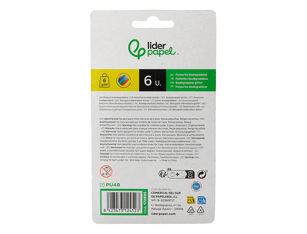PURPURINA LIDERPAPEL BIODEGRADABLE FANTASIA BOTE DE 6 GR COLORES METALICOS SURTIDOS BLISTER DE 6