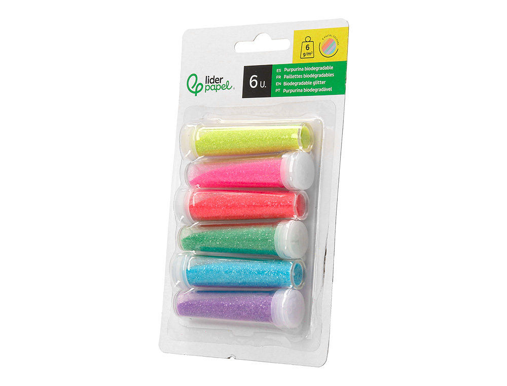 PURPURINA LIDERPAPEL BIODEGRADABLE FANTASIA BOTE DE 6 GR COLORES METALICOS PASTELES SURT BLISTER DE 6 UND