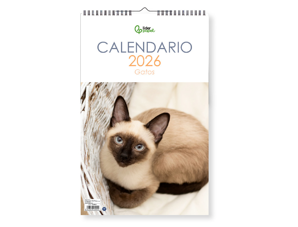 CALENDARIO ESPIRAL PARED LIDERPAPEL IMAGENES GATOS 2026 PARA ESCRIBIR 25X40 CM PAPEL 157 GR