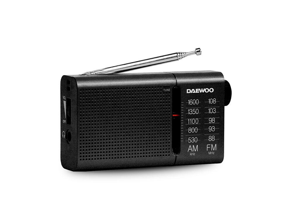 RADIO PORTATIL DAEWOO AM/FM ANTENA TELESCOPICA AURICULARES INCLUIDOS JACK 3.5 MM COLOR NEGRO