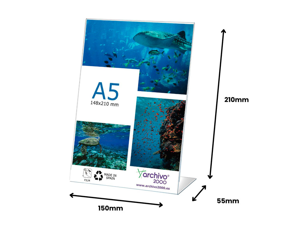 EXPOSITOR SOBREMESA ARCHIVO 2000 PETG FLEXIBLE EN FORMA DE L DIN A5 VERTICAL 55X150X210 MM