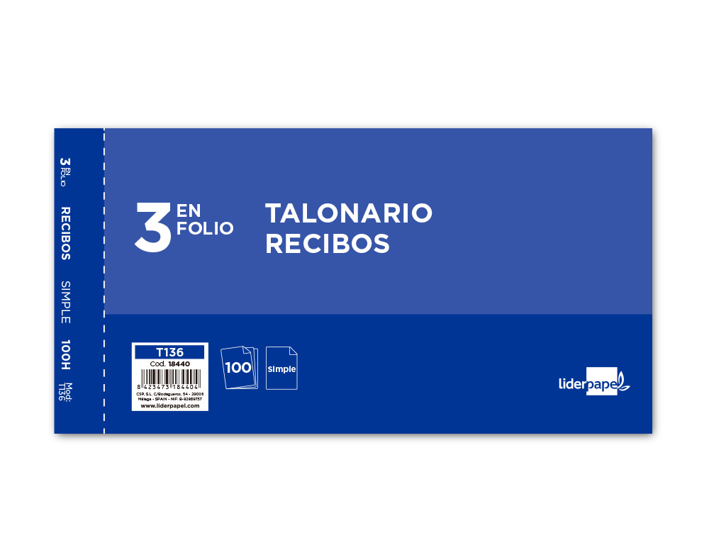TALONARIO LIDERPAPEL RECIBOS 3/F ORIGINAL T136 SIN MATRIZ