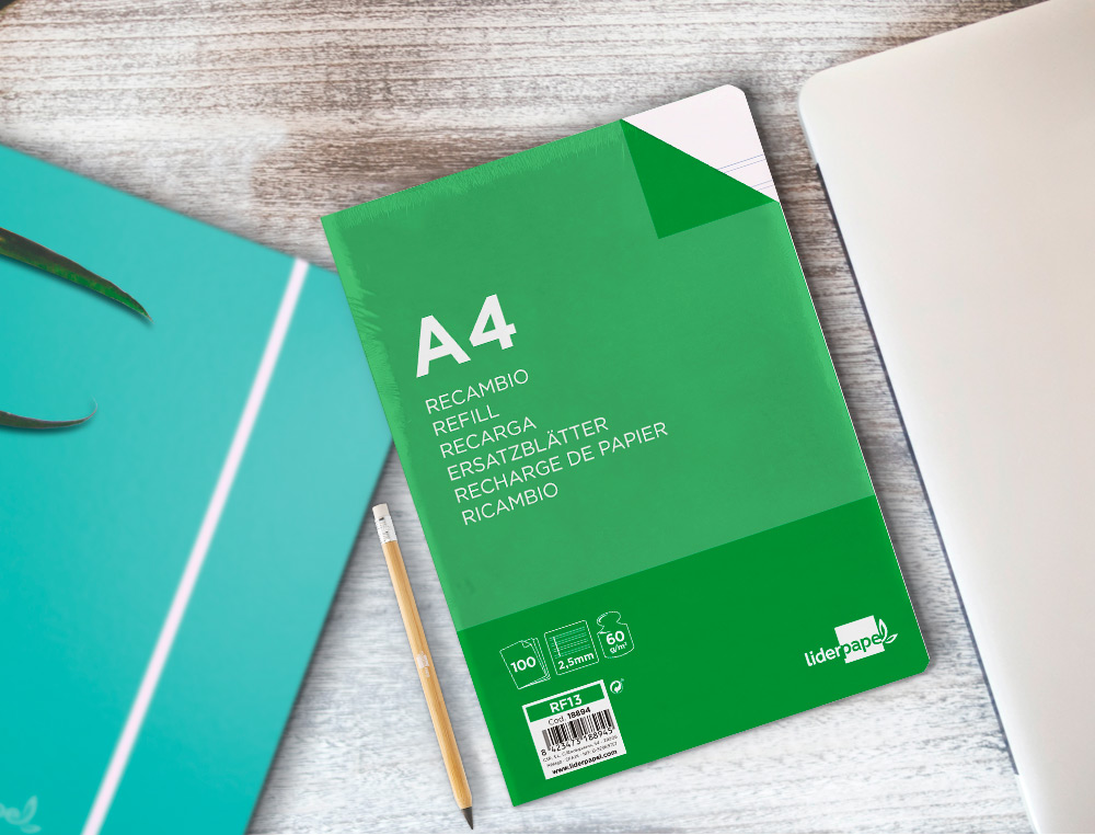 RECAMBIO LIDERPAPEL FOLIO 100 HOJAS 60GR PAUTA 5 2.5MM CON MARGEN 16 TALADROS
