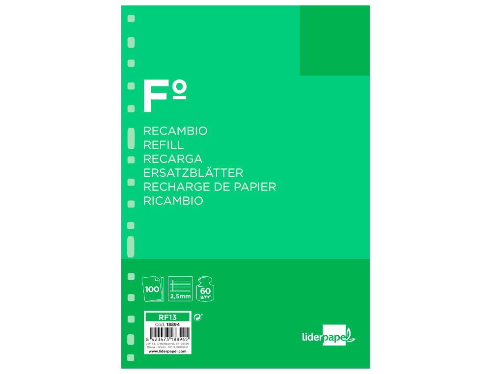 RECAMBIO LIDERPAPEL FOLIO 100 HOJAS 60GR PAUTA 5 2.5MM CON MARGEN 16 TALADROS