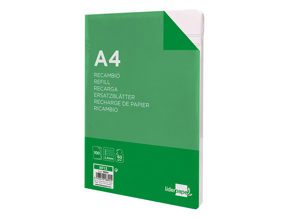 RECAMBIO LIDERPAPEL FOLIO 100 HOJAS 60GR PAUTA 5 2.5MM CON MARGEN 16 TALADROS