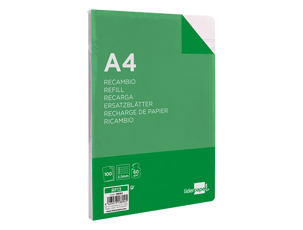 RECAMBIO LIDERPAPEL FOLIO 100 HOJAS 60GR PAUTA 5 2.5MM CON MARGEN 16 TALADROS