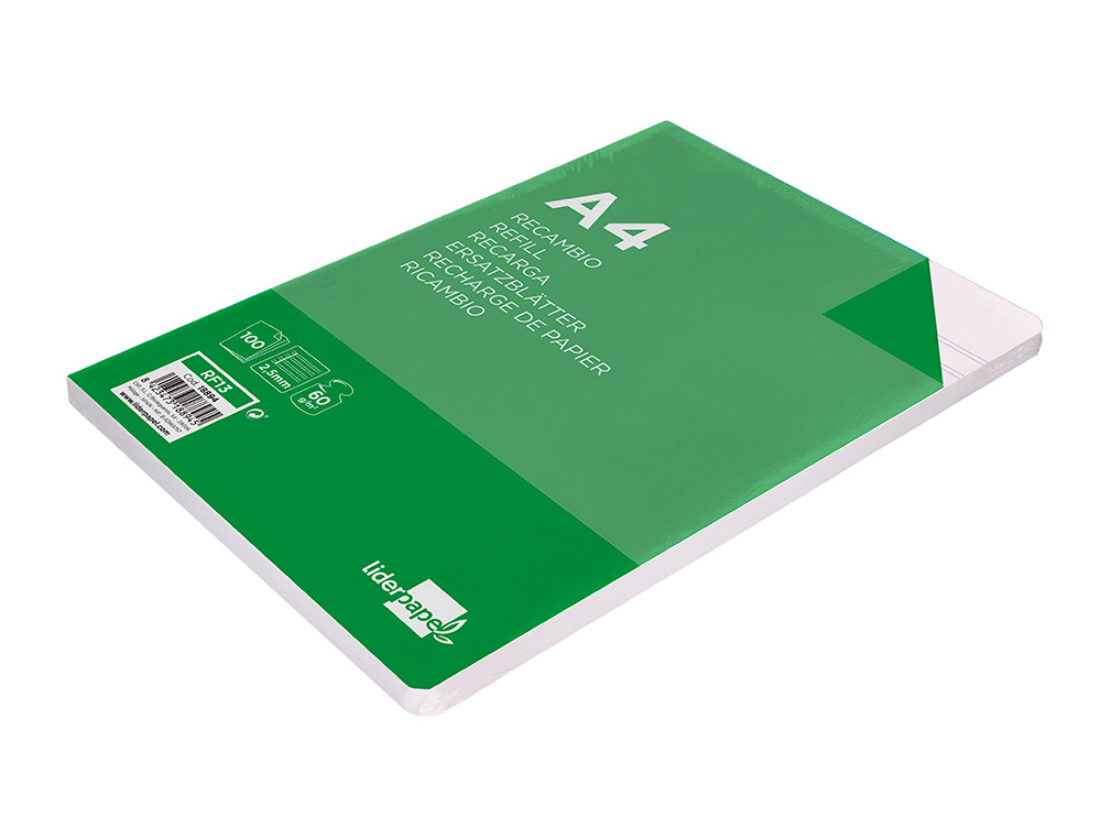 RECAMBIO LIDERPAPEL FOLIO 100 HOJAS 60GR PAUTA 5 2.5MM CON MARGEN 16 TALADROS
