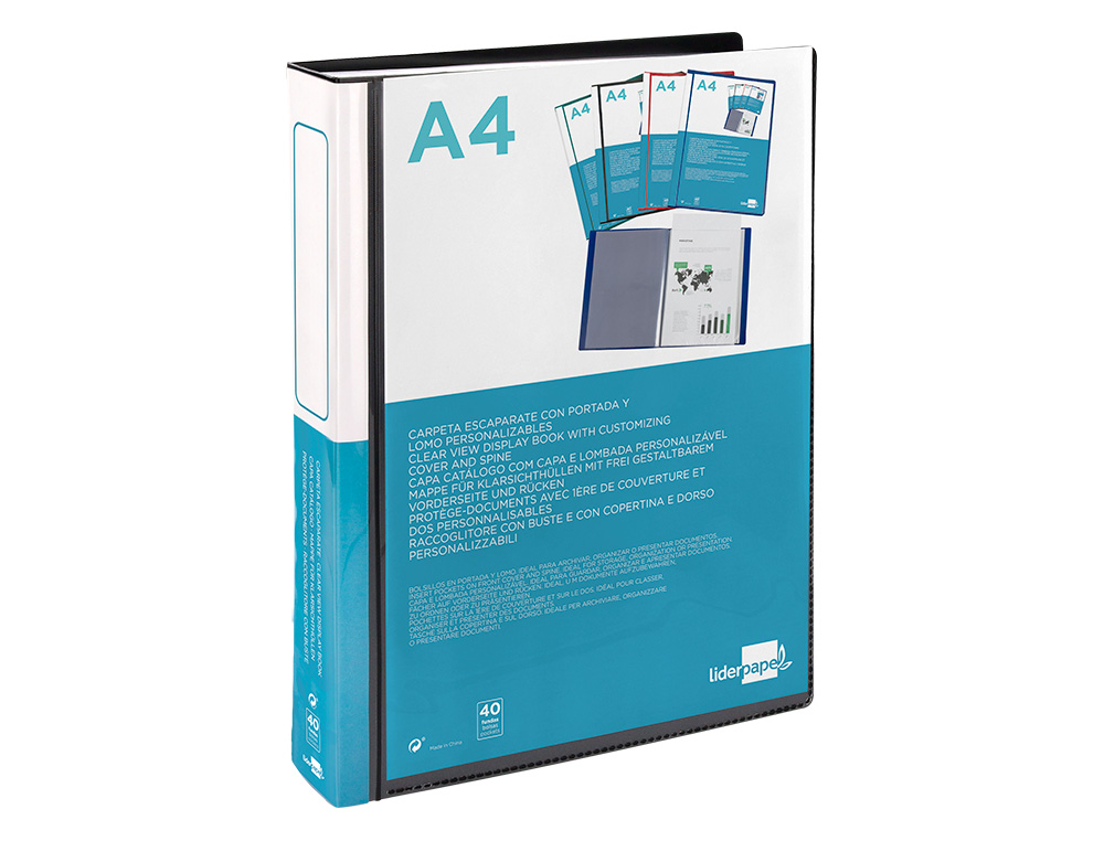 CARPETA LIDERPAPEL PERSONALIZA 37735 40 FUNDAS CANGURO POLIPROPILENO DIN A4 NEGRA PORTADA Y LOMO PERSONALIZABLE