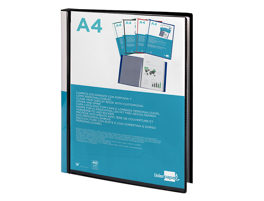 CARPETA LIDERPAPEL PERSONALIZA 37735 40 FUNDAS CANGURO POLIPROPILENO DIN A4 NEGRA PORTADA Y LOMO PERSONALIZABLE