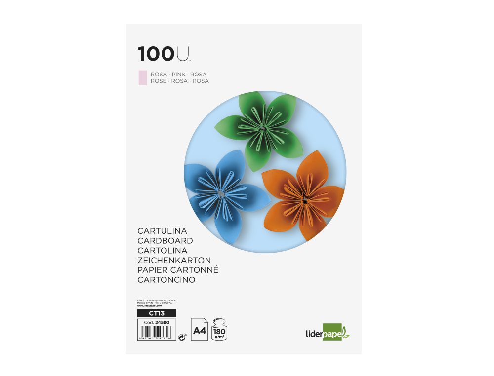 CARTULINA LIDERPAPEL A4 180G/M2 ROSA PAQUETE DE 100 HOJAS