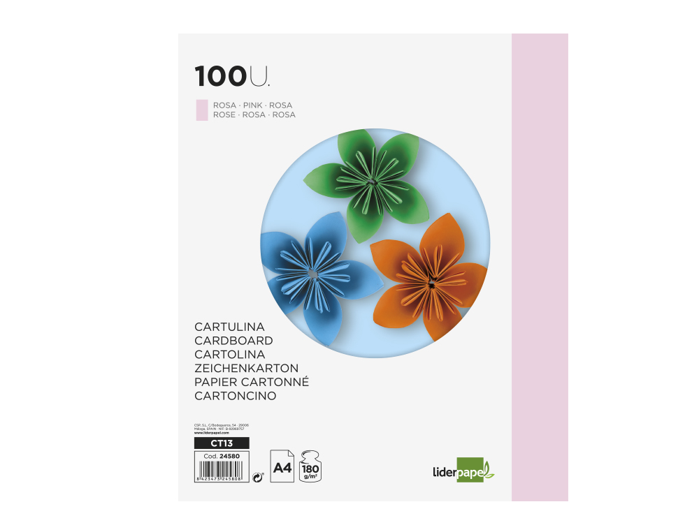 CARTULINA LIDERPAPEL A4 180G/M2 ROSA PAQUETE DE 100 HOJAS