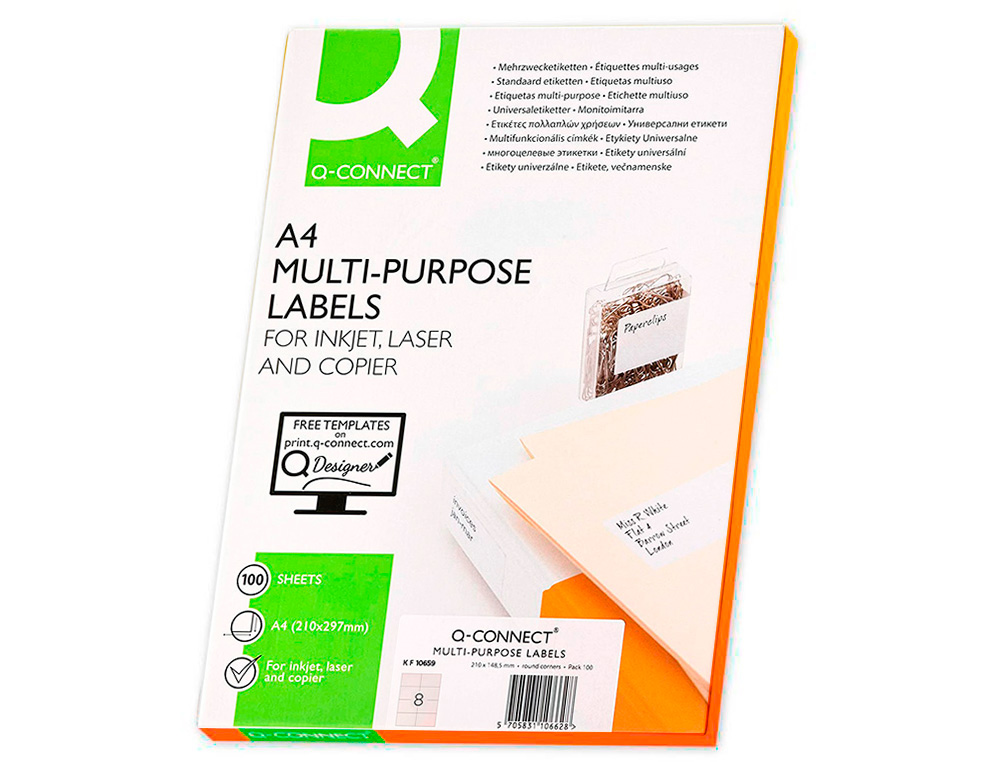 ETIQUETA ADHESIVA Q-CONNECT KF10659 TAMAO 105X74 MM FOTOCOPIADORA LASER INK-JET CAJA CON 100 HOJAS DIN A4