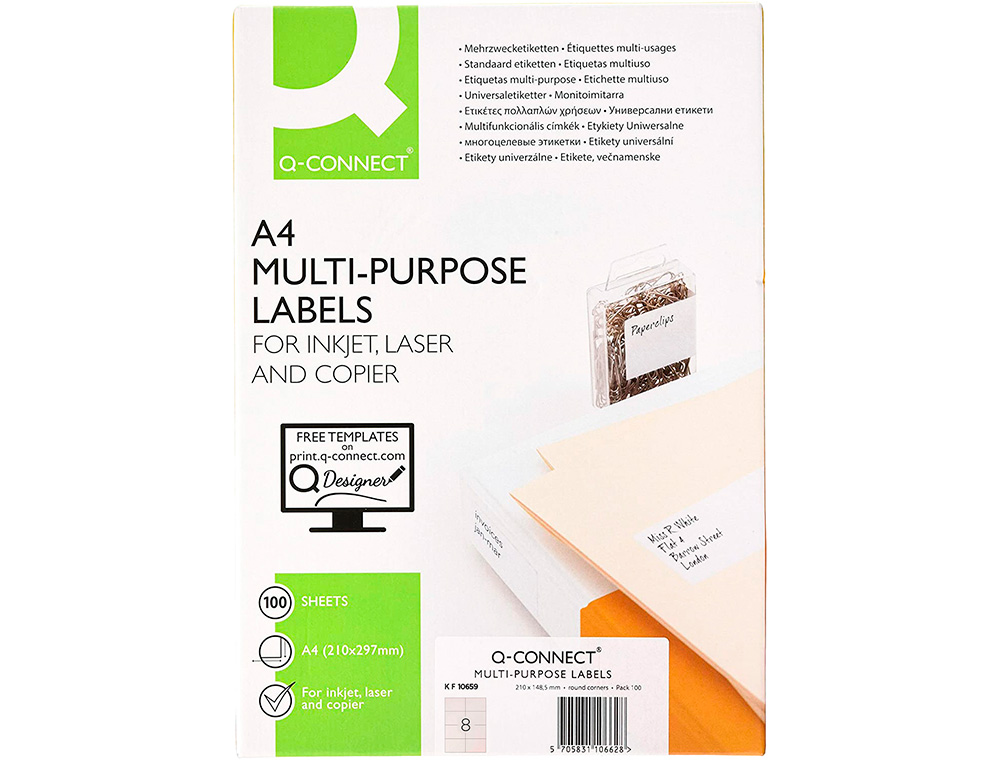 ETIQUETA ADHESIVA Q-CONNECT KF10659 TAMAO 105X74 MM FOTOCOPIADORA LASER INK-JET CAJA CON 100 HOJAS DIN A4