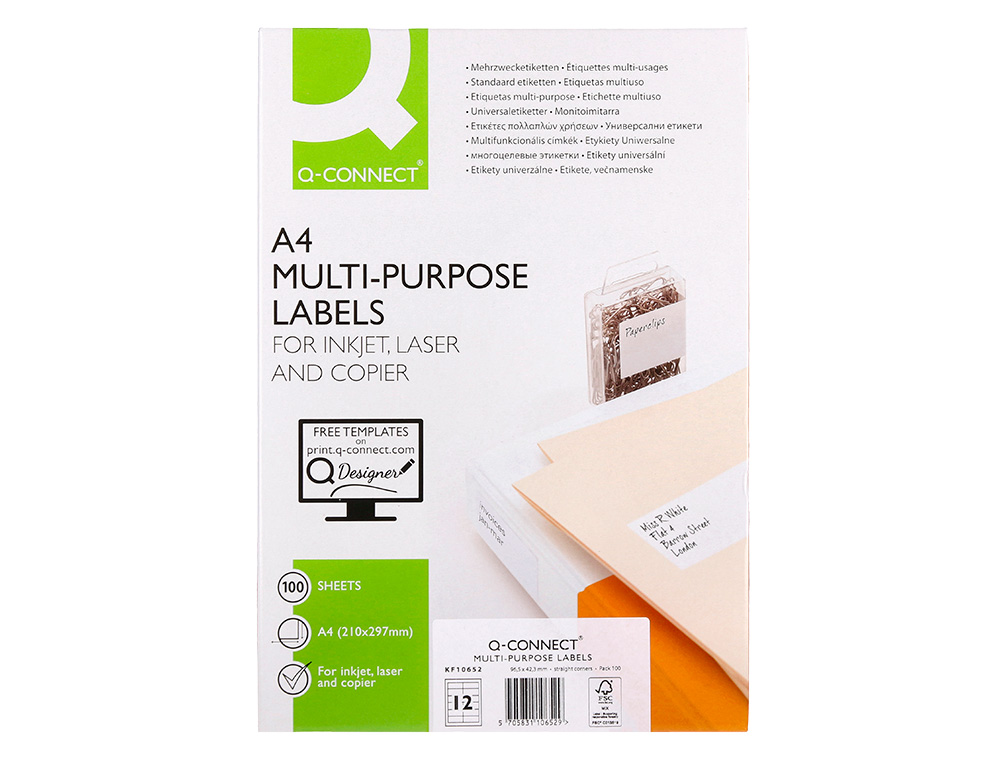 ETIQUETA ADHESIVA Q-CONNECT KF10652 TAMAÑO 96,5X42,3 MM FOTOCOPIADORA LASER INK-JET CAJA CON 100 HOJAS DIN A4