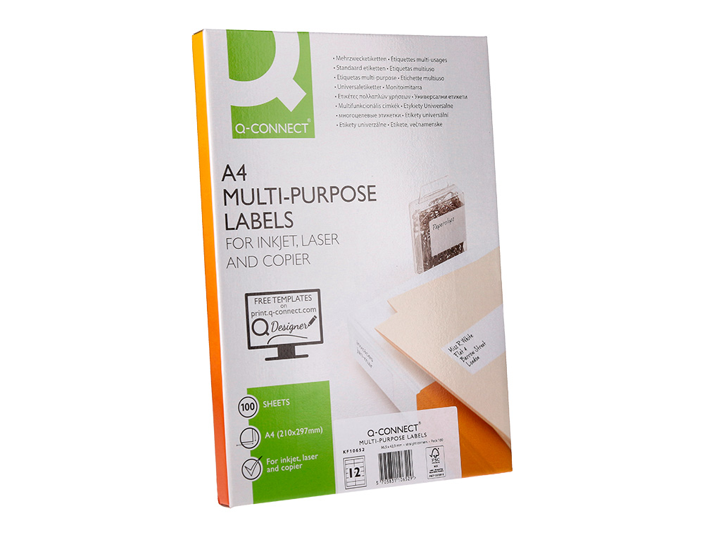 ETIQUETA ADHESIVA Q-CONNECT KF10652 TAMAÑO 96,5X42,3 MM FOTOCOPIADORA LASER INK-JET CAJA CON 100 HOJAS DIN A4