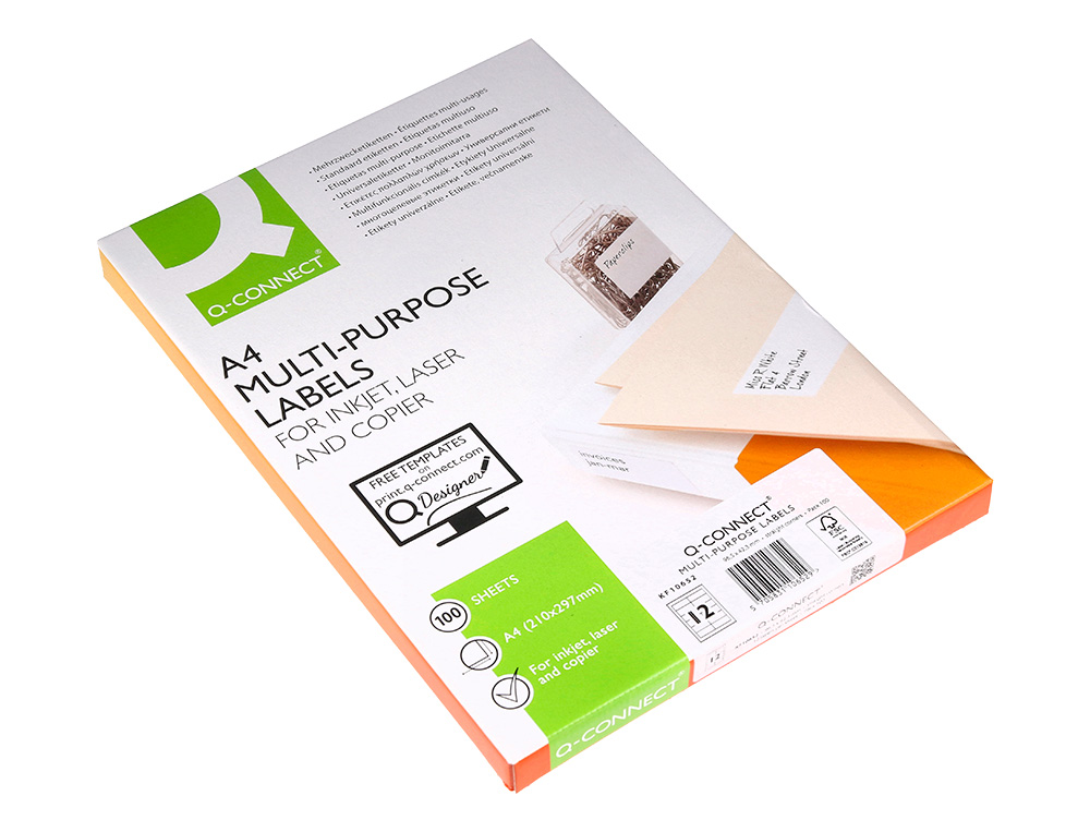 ETIQUETA ADHESIVA Q-CONNECT KF10652 TAMAÑO 96,5X42,3 MM FOTOCOPIADORA LASER INK-JET CAJA CON 100 HOJAS DIN A4