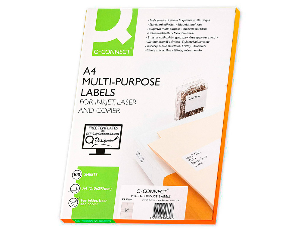ETIQUETA ADHESIVA Q-CONNECT KF10656 TAMAO 105X42,3 MM FOTOCOPIADORA LASER INK-JET CAJA CON 100 HOJAS DIN A4