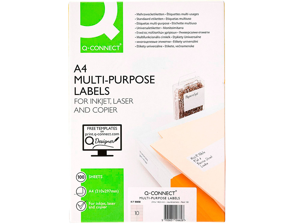 ETIQUETA ADHESIVA Q-CONNECT KF10658 TAMAO 105X57 MM FOTOCOPIADORA LASER INK-JET CAJA CON 100 HOJAS DIN A4