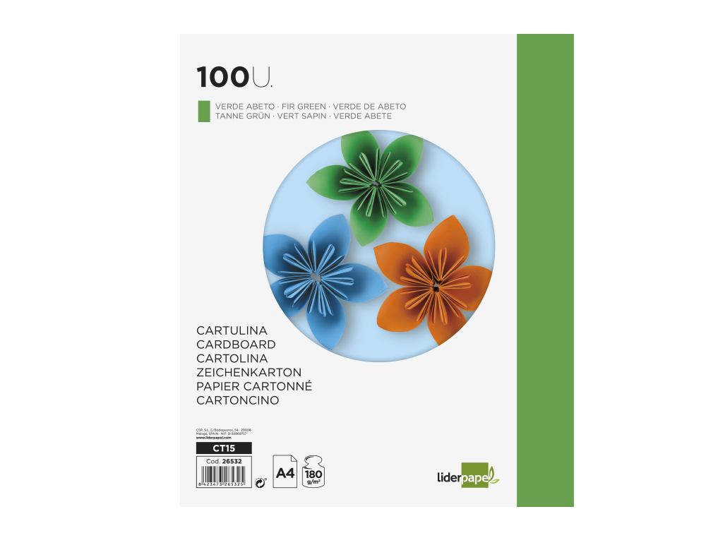 CARTULINA LIDERPAPEL A4 180G/M2 VERDE ABETO PAQUETE DE 100 HOJAS