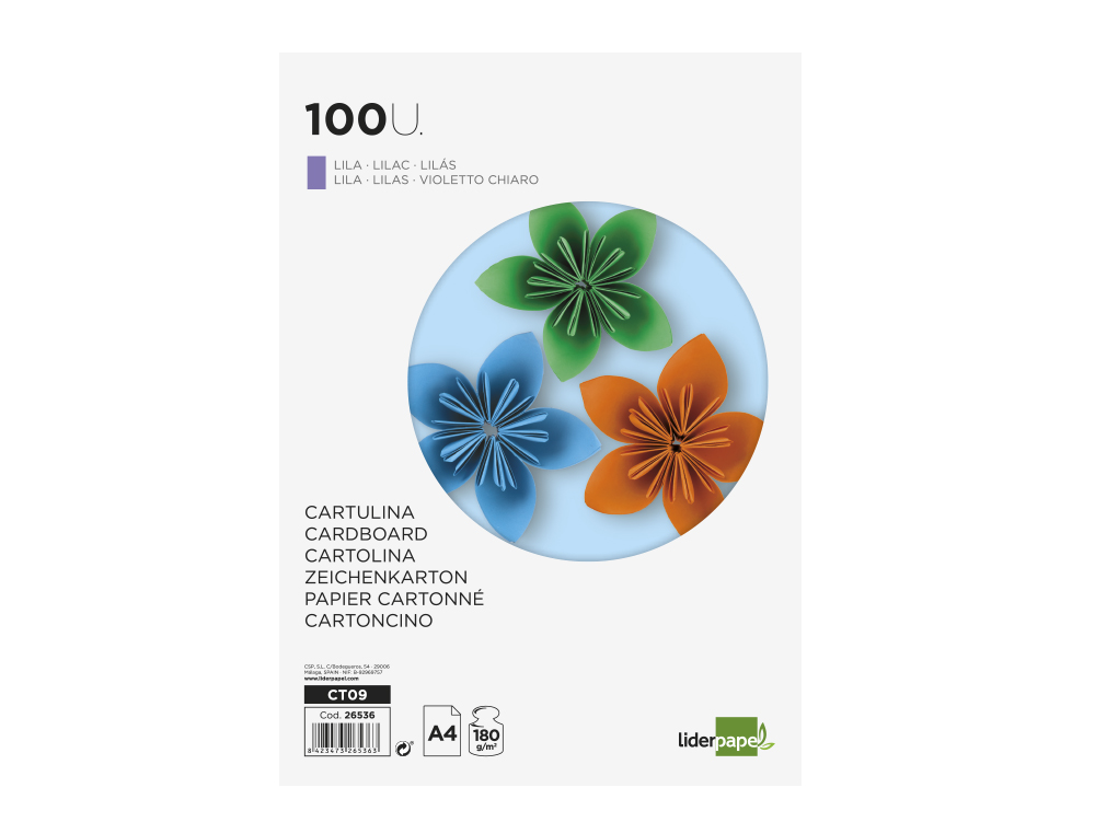 CARTULINA LIDERPAPEL A4 180G/M2 LILA PAQUETE DE 100 HOJAS