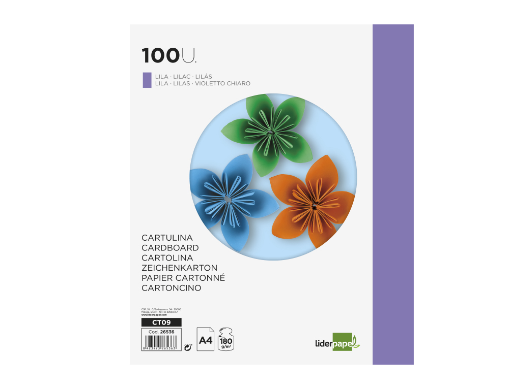 CARTULINA LIDERPAPEL A4 180G/M2 LILA PAQUETE DE 100 HOJAS