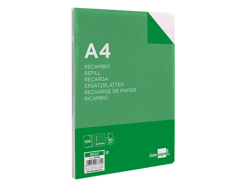 RECAMBIO LIDERPAPEL A4 100 HOJAS 60GR PAUTA 4 3.5MM CON MARGEN 4 TALADROS