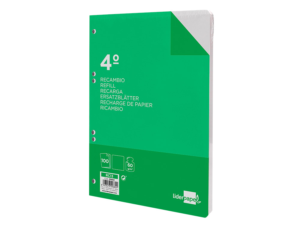 RECAMBIO LIDERPAPEL CUARTO 100 HOJAS 60G/M2 LISO SIN MARGEN 6 TALADROS