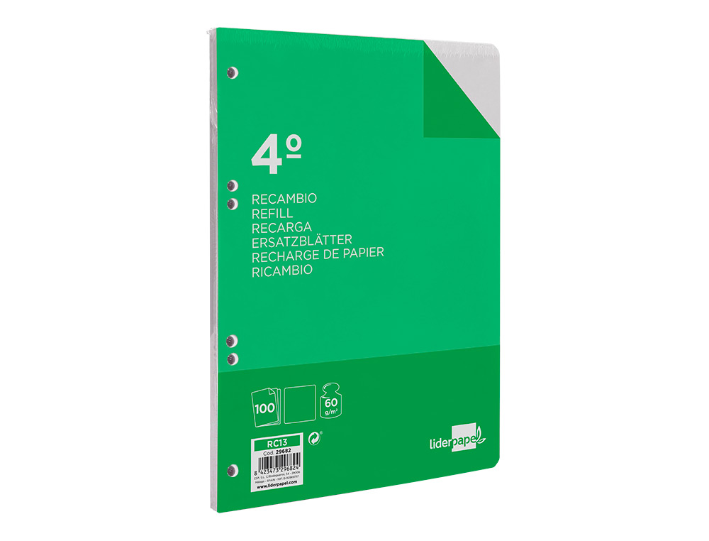 RECAMBIO LIDERPAPEL CUARTO 100 HOJAS 60G/M2 LISO SIN MARGEN 6 TALADROS