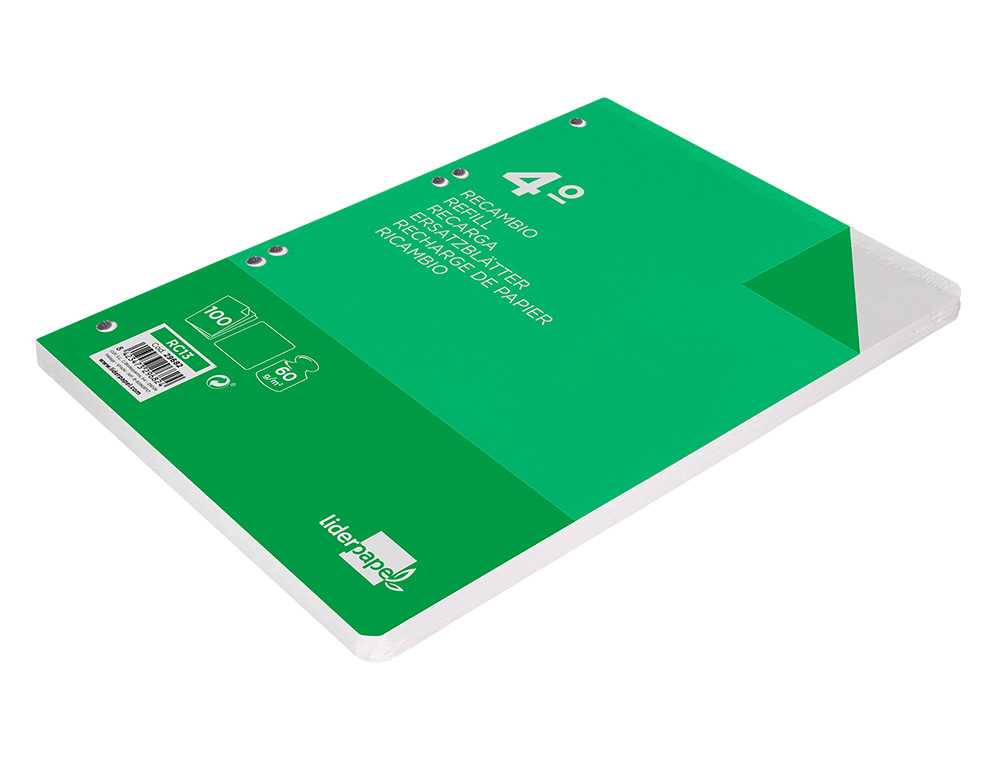 RECAMBIO LIDERPAPEL CUARTO 100 HOJAS 60G/M2 LISO SIN MARGEN 6 TALADROS