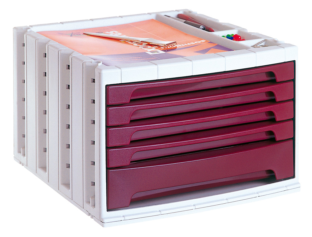 FICHERO CAJONES DE SOBREMESA ARCHIVO 2000 305X370X215 MM BANDEJA ORGANIZADORA SUPERIOR 5 CAJONES BURDEOS OPACO