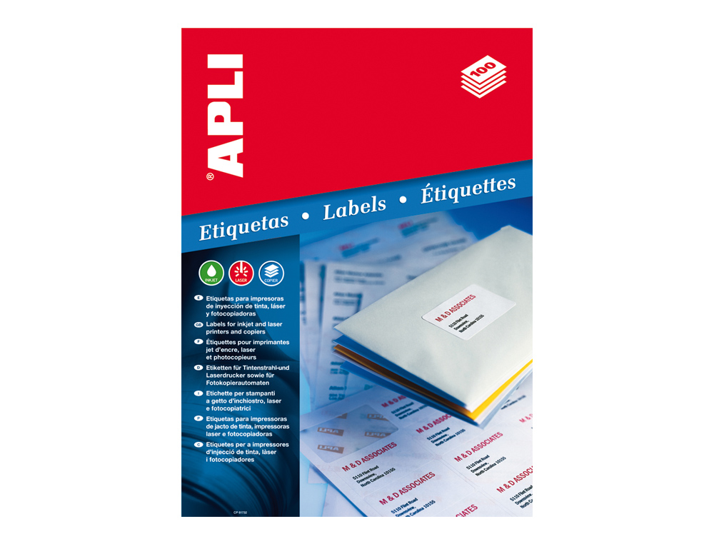 ETIQUETA ADHESIVA APLI 1278 TAMAO 105X57 MM PARA FOTOCOPIADORA LASER INK-JET CAJA CON 100 HOJAS DIN A4