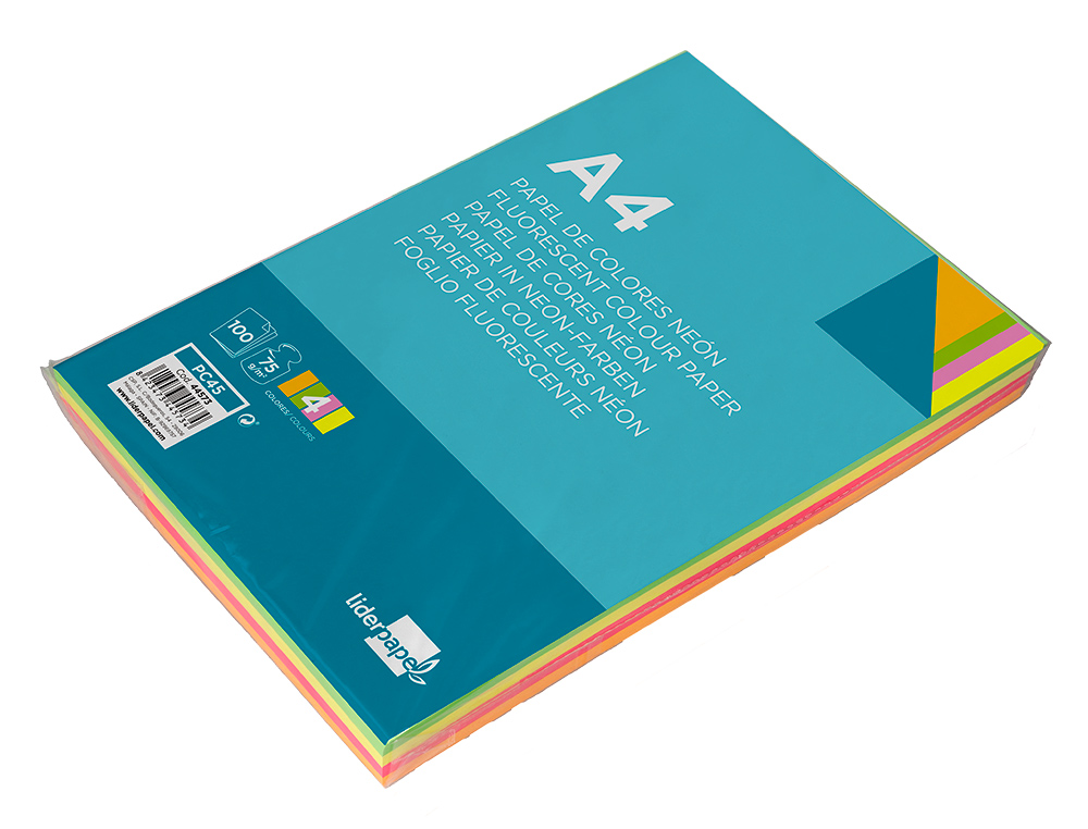 PAPEL COLOR LIDERPAPEL A4 75GR NEON 4 COLORES SURTIDOS PAQUETE DE 100 HOJAS