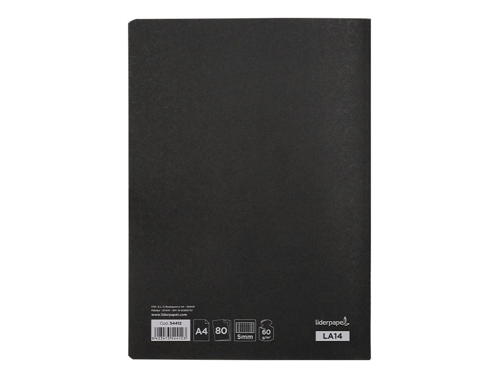 LIBRETA LIDERPAPEL TAPA NEGRA A4 80 HOJAS 60G/M2 CUADRO 5MM CON DOBLE MARGEN