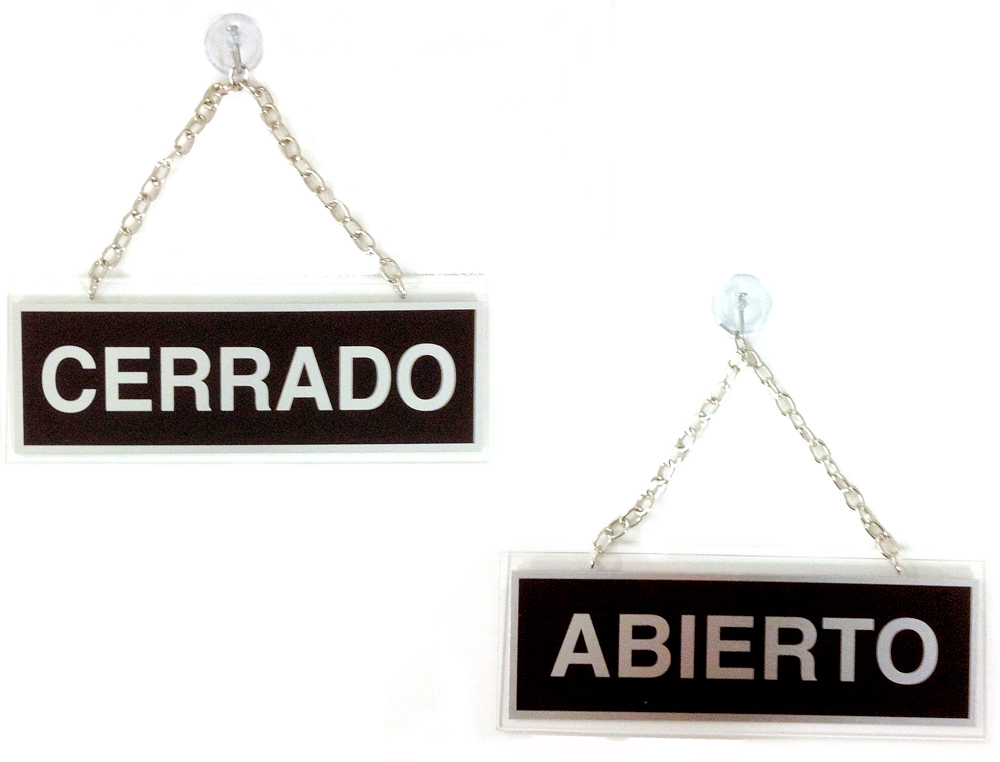 LETRERO DE ALUMINIO SERIGRAFIADO ABIERTO Y CERRADO CON CADENA Y VENTOSA PARA COLGAR 232X74 MM