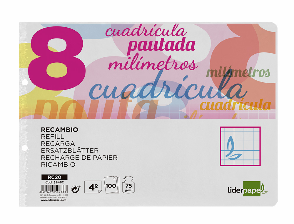 RECAMBIO LIDERPAPEL CUARTO APAISADO PAUTAGUIA 100 HOJAS 75 G CUADRICULADO PAUTADO 8MM CON MARGEN 2 TALADROS
