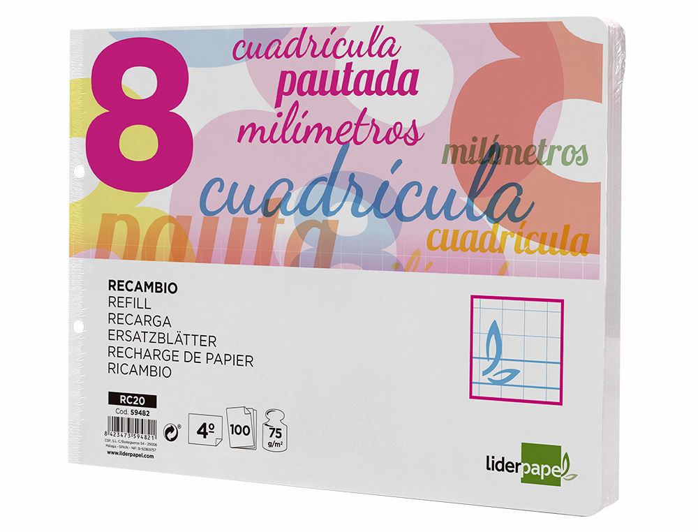 RECAMBIO LIDERPAPEL CUARTO APAISADO PAUTAGUIA 100 HOJAS 75 G CUADRICULADO PAUTADO 8MM CON MARGEN 2 TALADROS