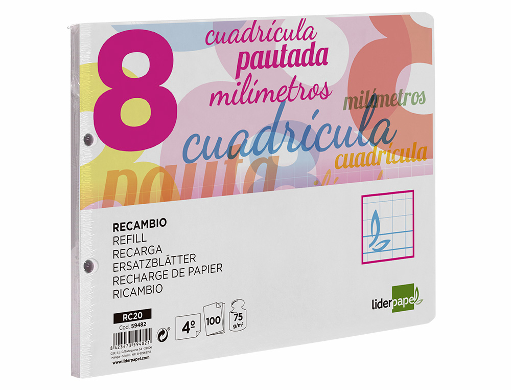 RECAMBIO LIDERPAPEL CUARTO APAISADO PAUTAGUIA 100 HOJAS 75 G CUADRICULADO PAUTADO 8MM CON MARGEN 2 TALADROS