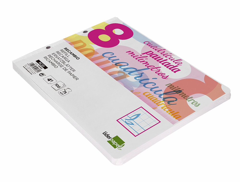 RECAMBIO LIDERPAPEL CUARTO APAISADO PAUTAGUIA 100 HOJAS 75 G CUADRICULADO PAUTADO 8MM CON MARGEN 2 TALADROS